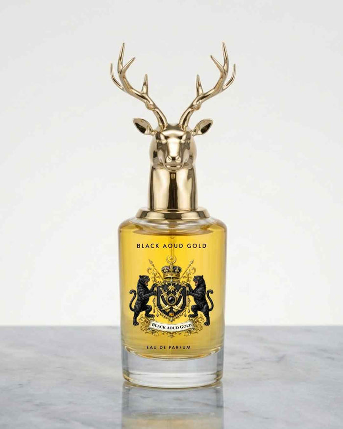 Gold eau de parfum bottle with deer-antler cap, black label with crown graphic
