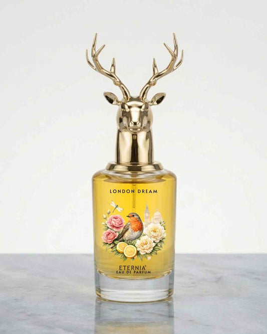 Eternia London Dream eau de parfum bottle with gold deer antler cap and floral bird label