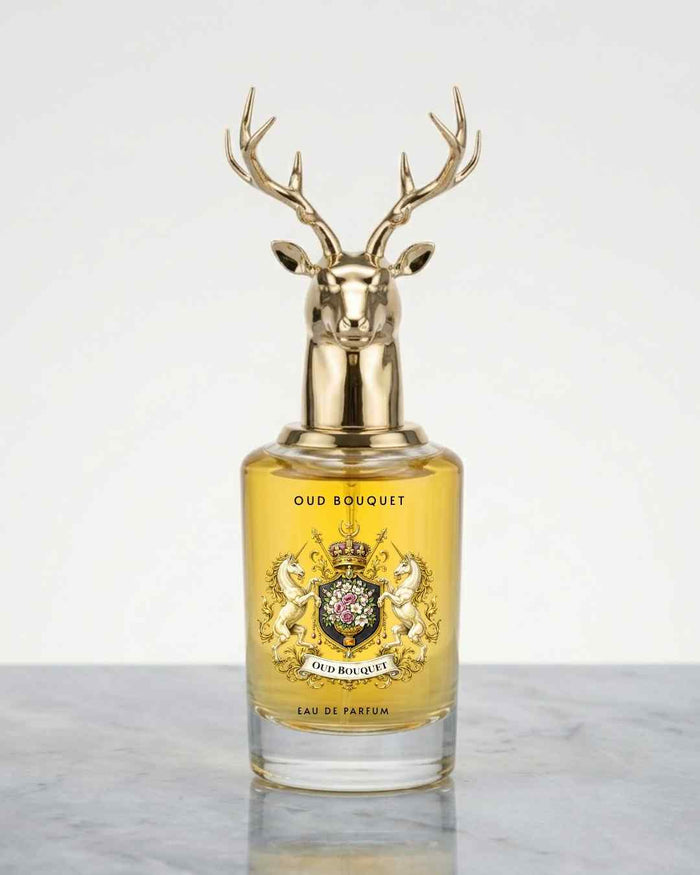 Eternia Oud Bouquet eau de parfum bottle with gold deer antler cap