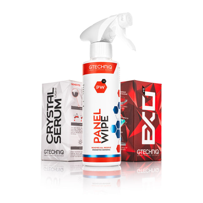 Gtechniq Kit with Crystal Serum Light, Panel Wipe Bottle, and EXO v5 in their packaging on a white background.