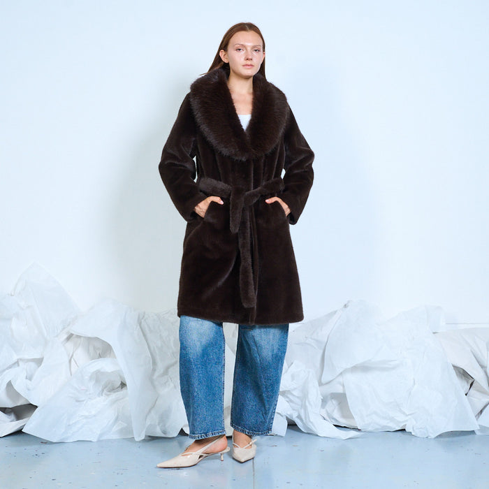 Faux-fur coat with oversized collar and tie belt wholesale