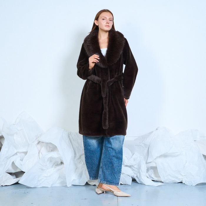 Faux-fur coat with oversized collar and tie belt wholesale