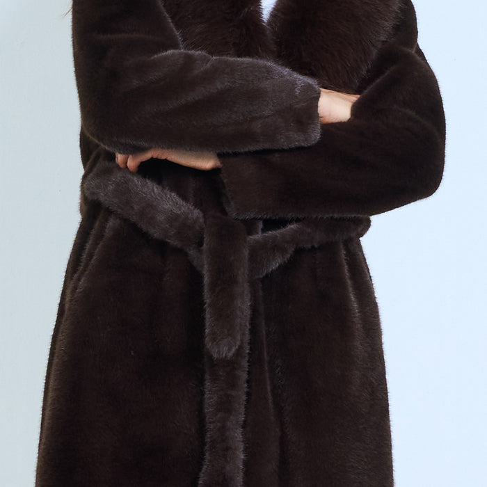 Faux-fur coat with oversized collar and tie belt wholesale