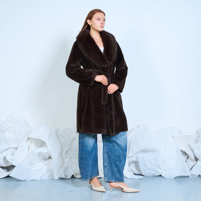 Faux-fur coat with oversized collar and tie belt wholesale
