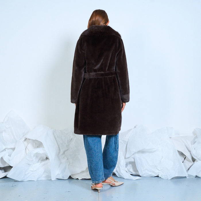 Faux-fur coat with oversized collar and tie belt wholesale