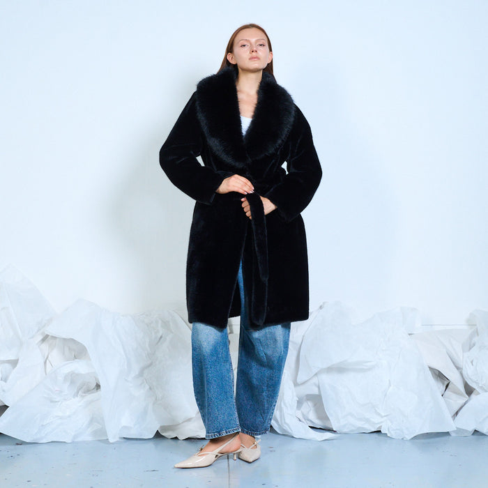 Faux-fur coat with oversized collar and tie belt wholesale