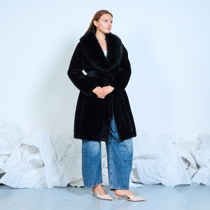 Faux-fur coat with oversized collar and tie belt wholesale