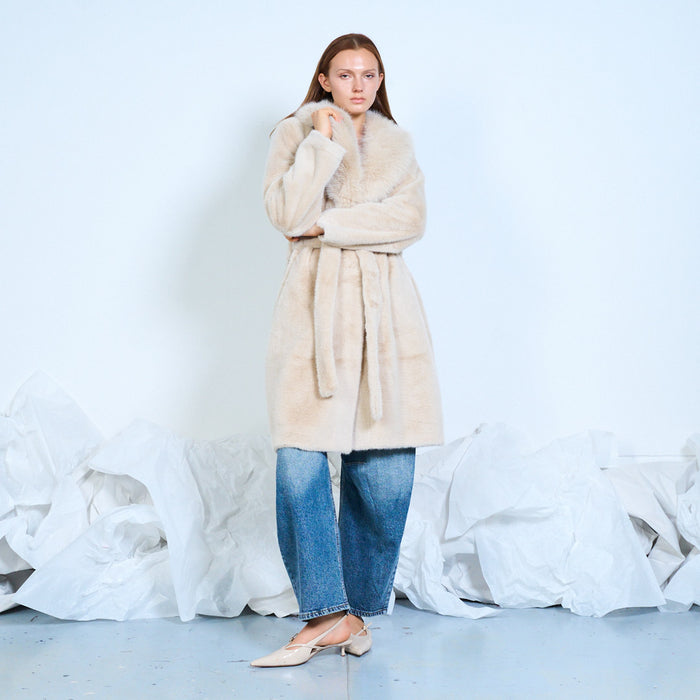Faux-fur coat with oversized collar and tie belt wholesale