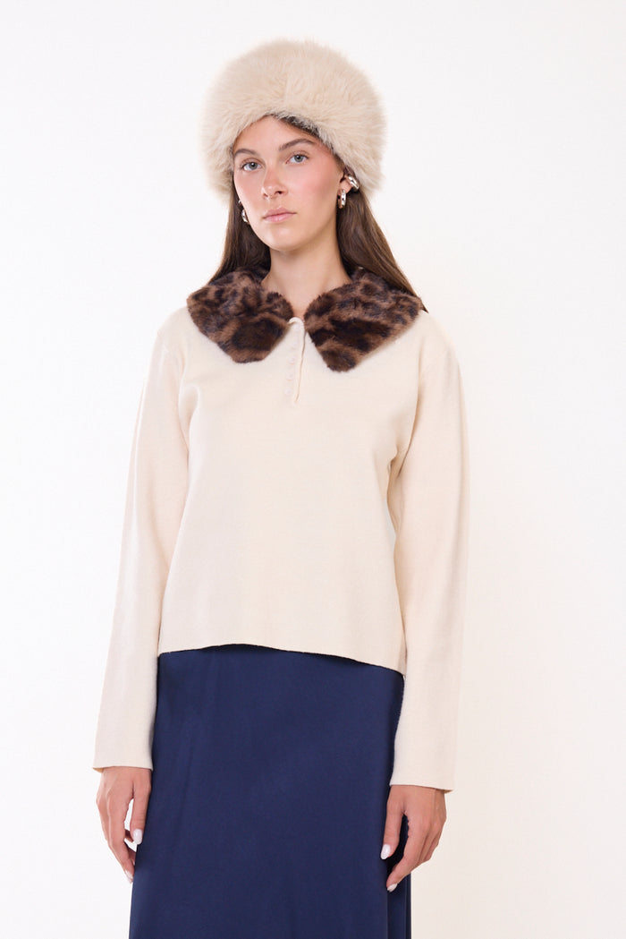 Faux fur collar button-front knit sweater wholesale