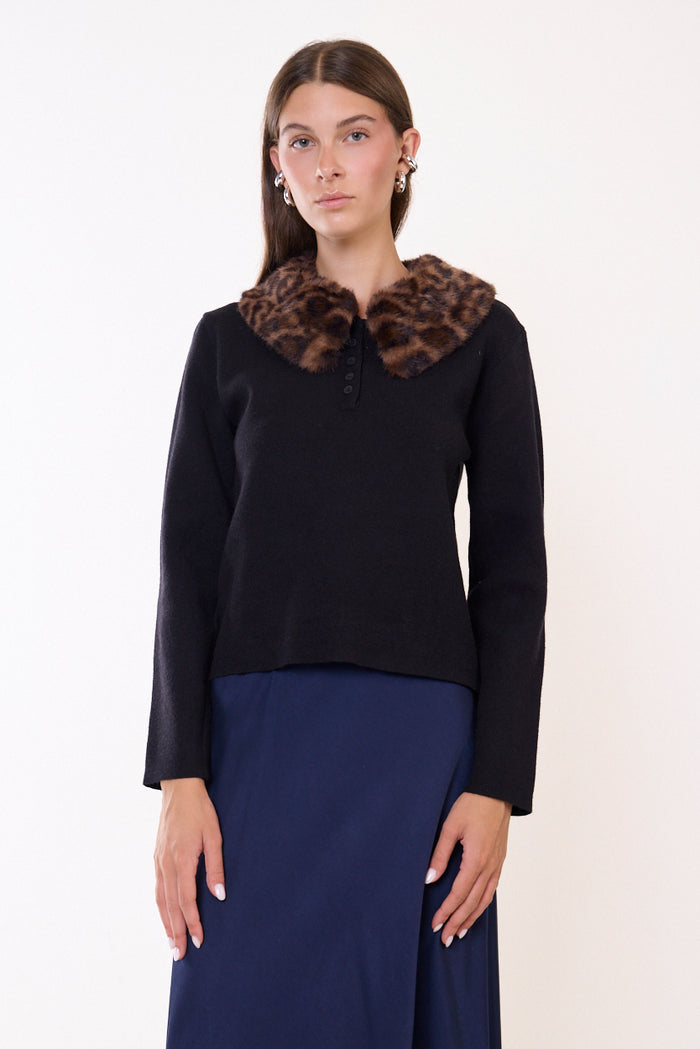 Faux fur collar button-front knit sweater wholesale