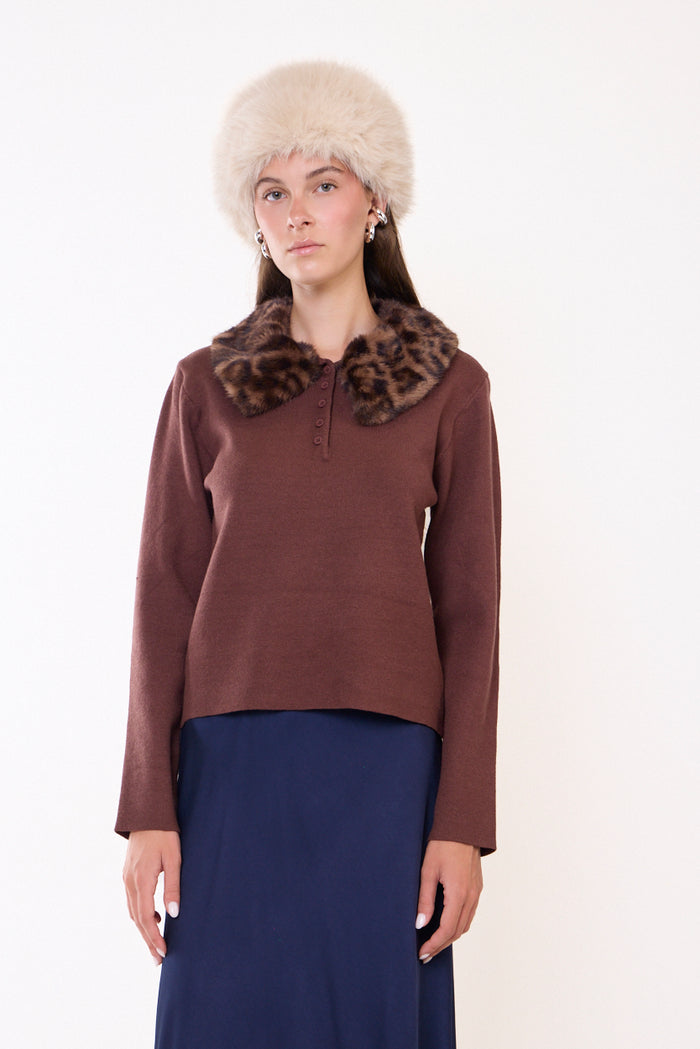 Faux fur collar button-front knit sweater wholesale
