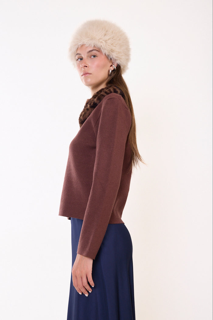 Faux fur collar button-front knit sweater wholesale