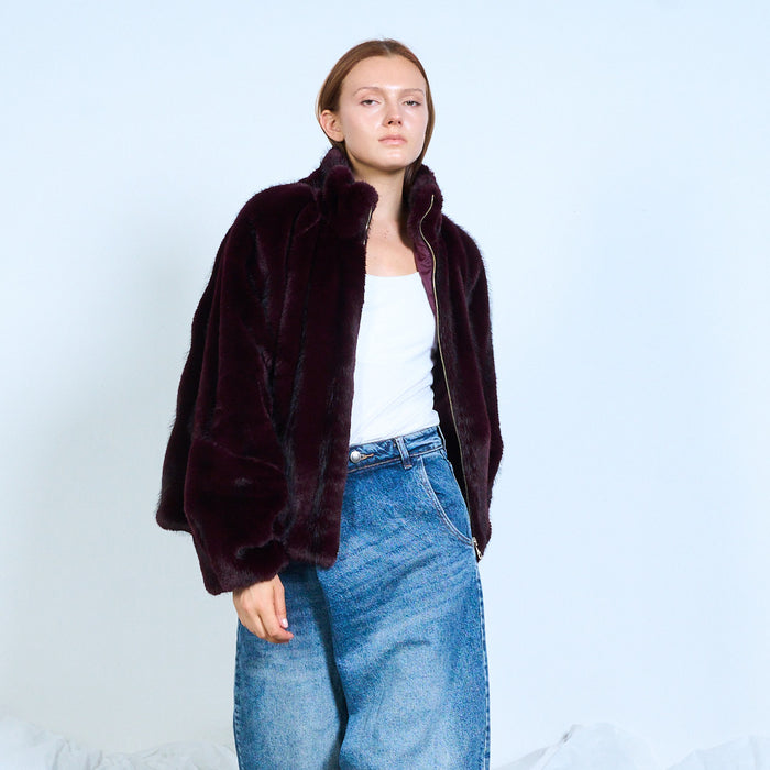 Faux-fur zip-up jacket with stand collar wholesale
