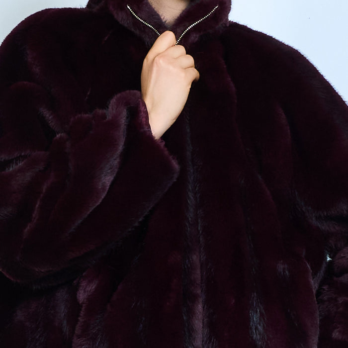 Faux-fur zip-up jacket with stand collar wholesale