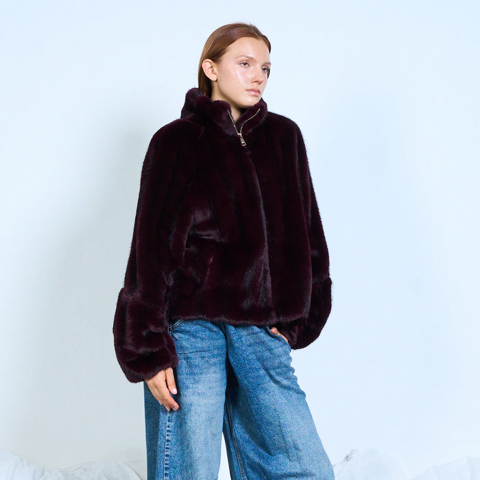 Faux-fur zip-up jacket with stand collar wholesale