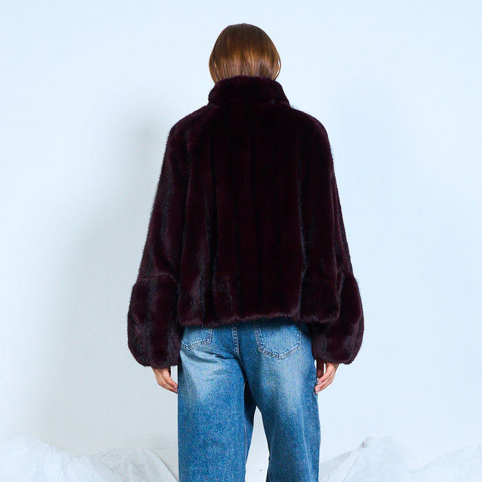 Faux-fur zip-up jacket with stand collar wholesale