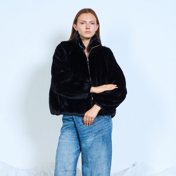 Faux-fur zip-up jacket with stand collar wholesale