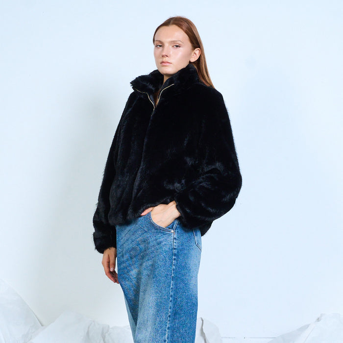 Faux-fur zip-up jacket with stand collar wholesale