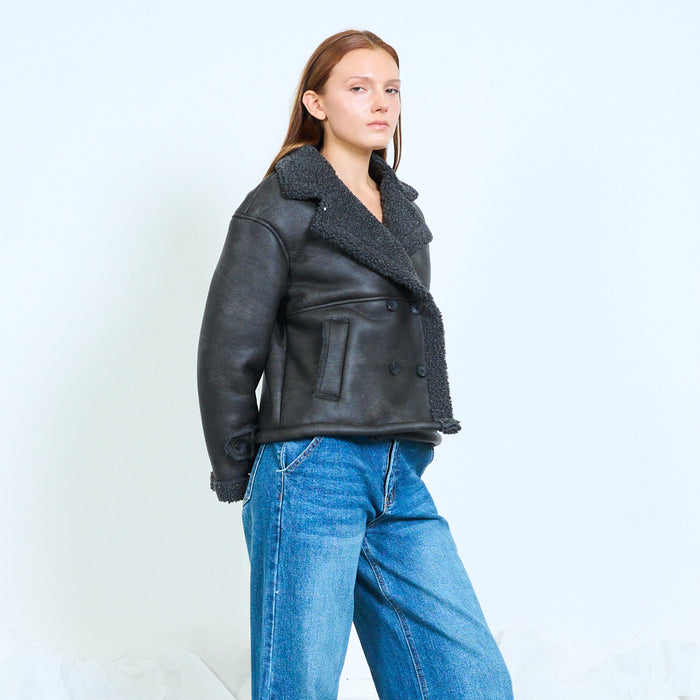 Faux-leather aviator jacket with shearling trim and flap pockets wholesale