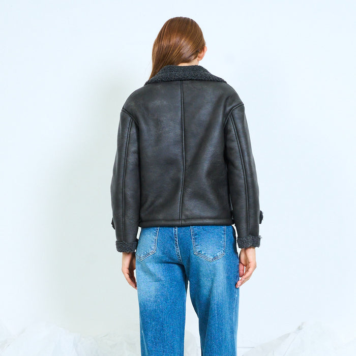 Faux-leather aviator jacket with shearling trim and flap pockets wholesale