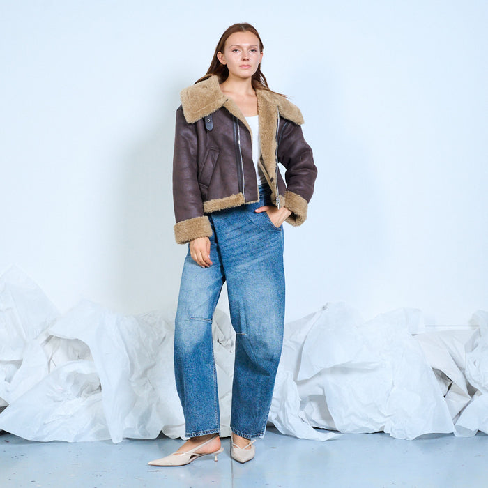 Faux-leather aviator jacket with shearling trims wholesale