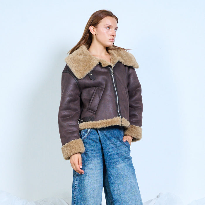 Faux-leather aviator jacket with shearling trims wholesale