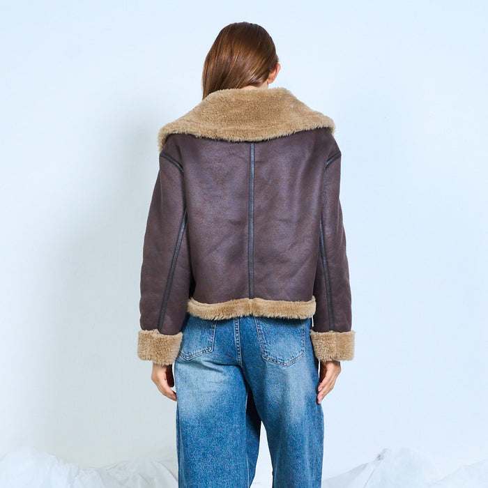 Faux-leather aviator jacket with shearling trims wholesale