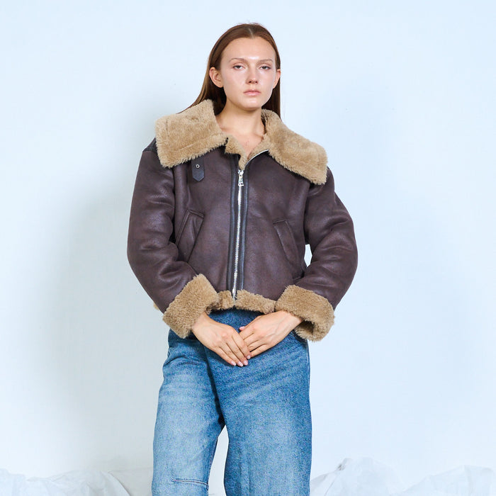 Faux-leather aviator jacket with shearling trims wholesale