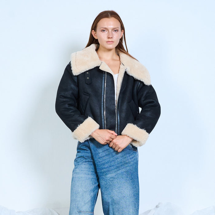 Faux-leather aviator jacket with shearling trims wholesale