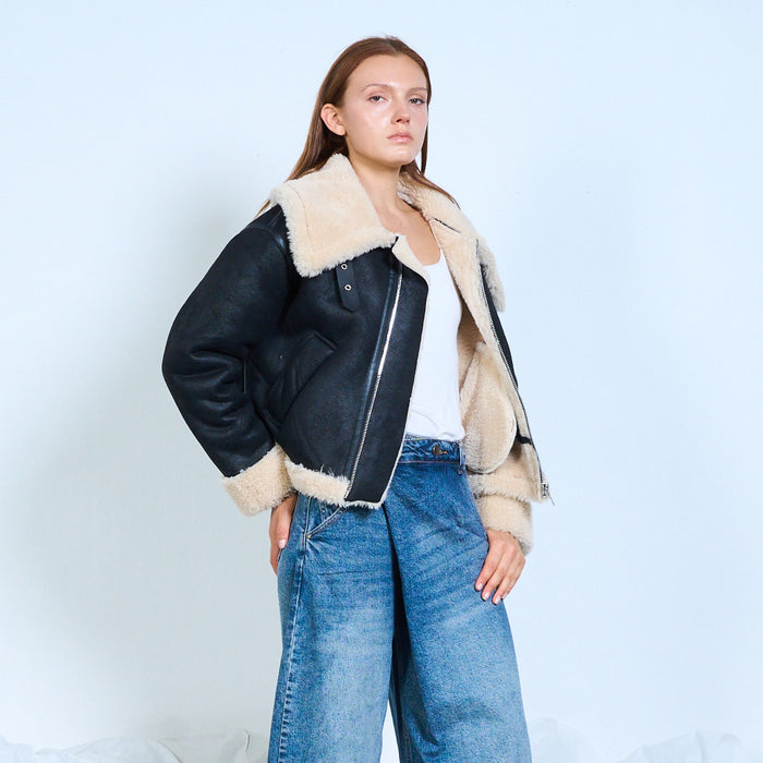 Faux-leather aviator jacket with shearling trims wholesale
