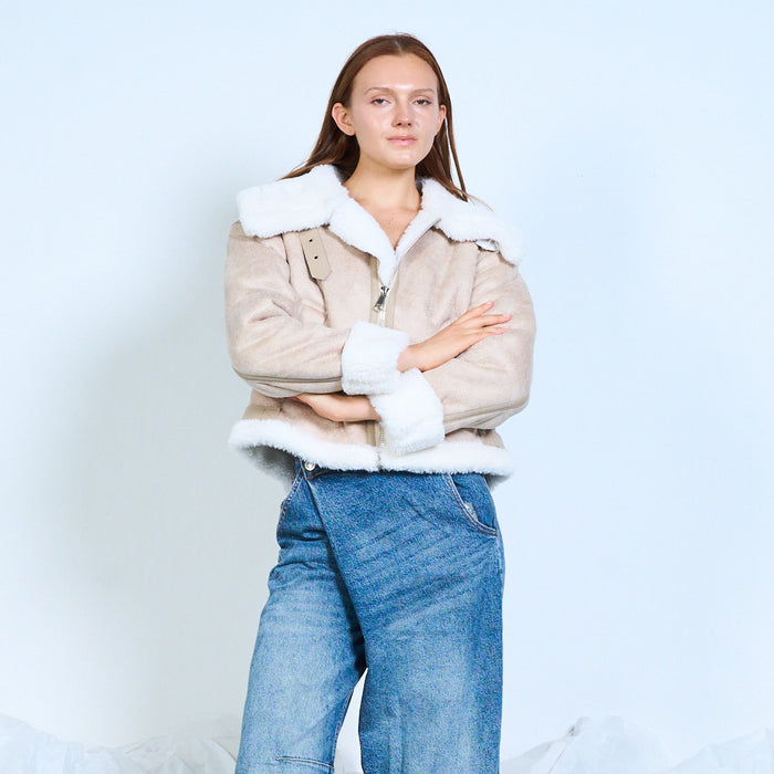 Faux-leather aviator jacket with shearling trims wholesale