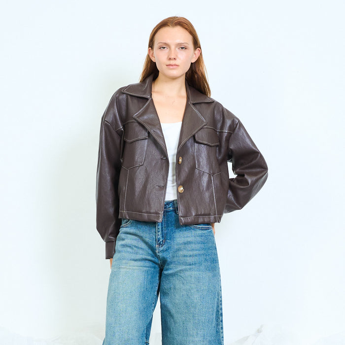 Faux-leather cropped jacket with flap pockets wholesale