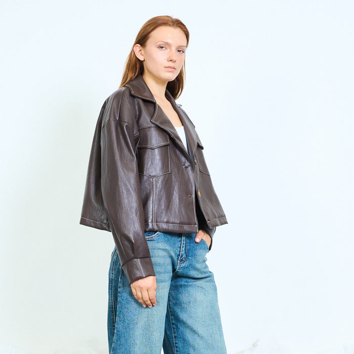 Faux-leather cropped jacket with flap pockets wholesale