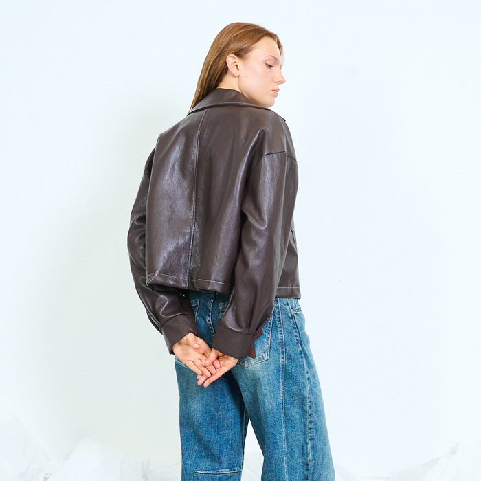 Faux-leather cropped jacket with flap pockets wholesale