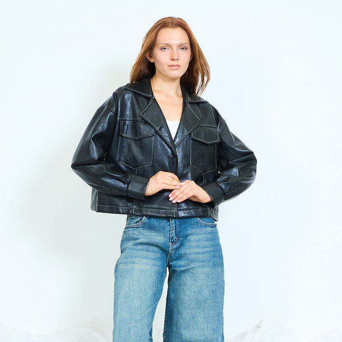 Faux-leather cropped jacket with flap pockets wholesale