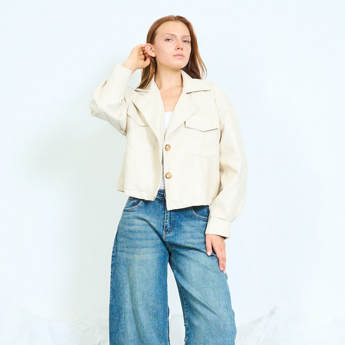 Faux-leather cropped jacket with flap pockets wholesale