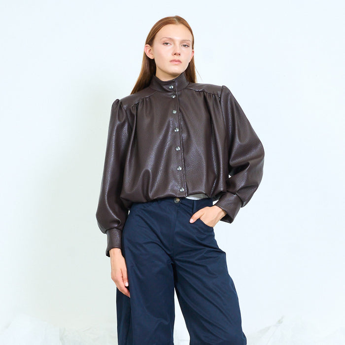 Faux-leather cropped jacket with gathered shoulders wholesale