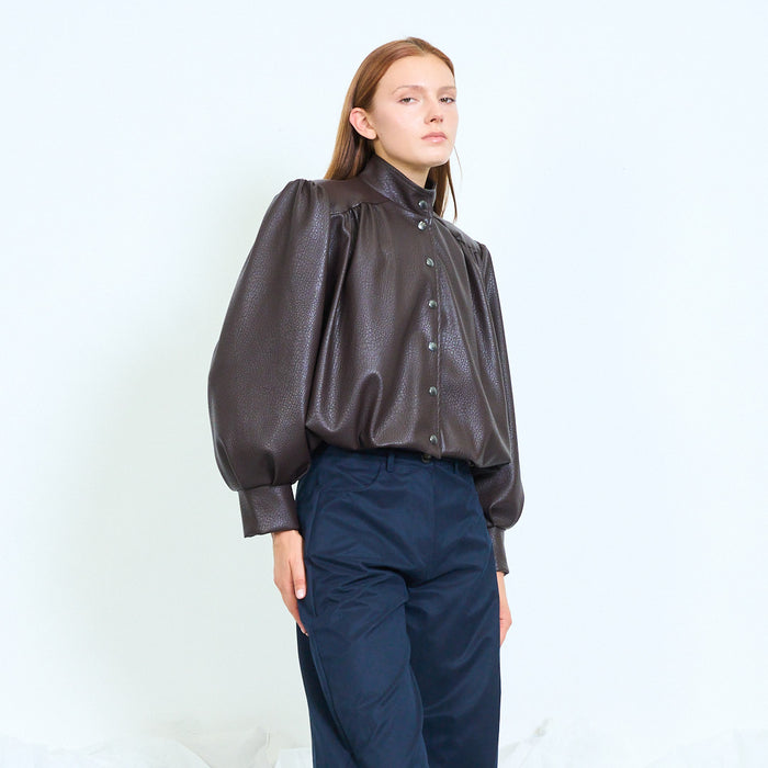 Faux-leather cropped jacket with gathered shoulders wholesale