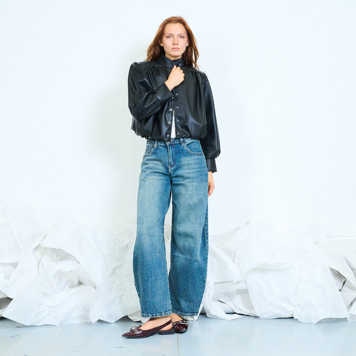 Faux-leather cropped jacket with gathered shoulders wholesale