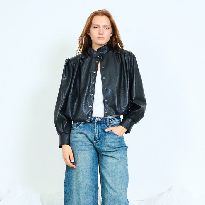 Faux-leather cropped jacket with gathered shoulders wholesale