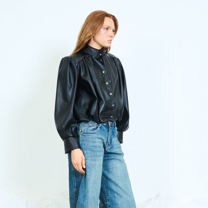Faux-leather cropped jacket with gathered shoulders wholesale