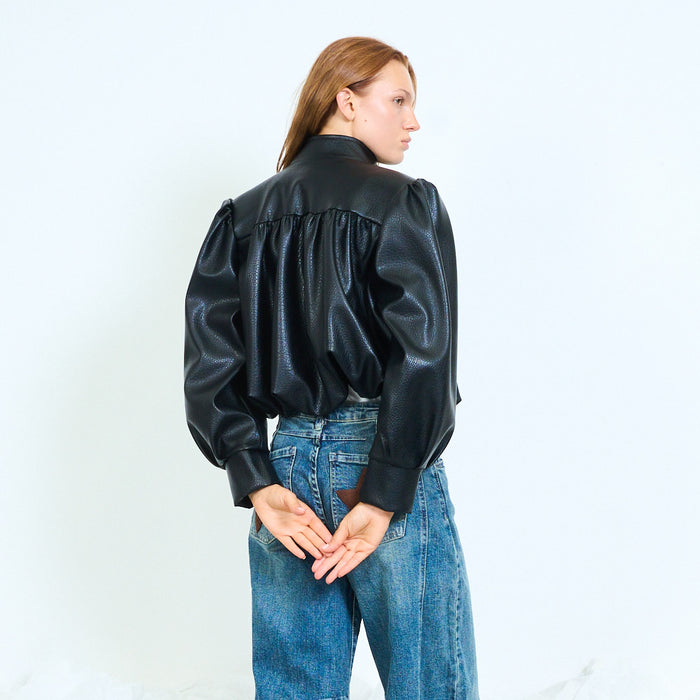 Faux-leather cropped jacket with gathered shoulders wholesale