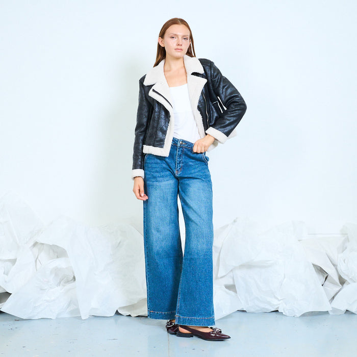 Faux-leather shearling-trimmed aviator jacket wholesale