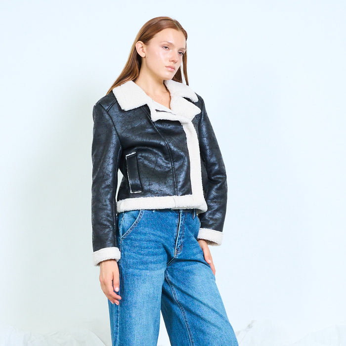 Faux-leather shearling-trimmed aviator jacket wholesale