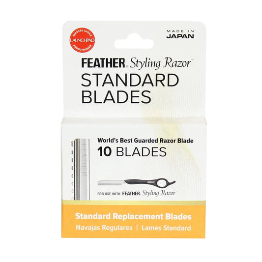 “Feather Styling Razor Standard Blades in a pack of 10, showcasing their guarded design”