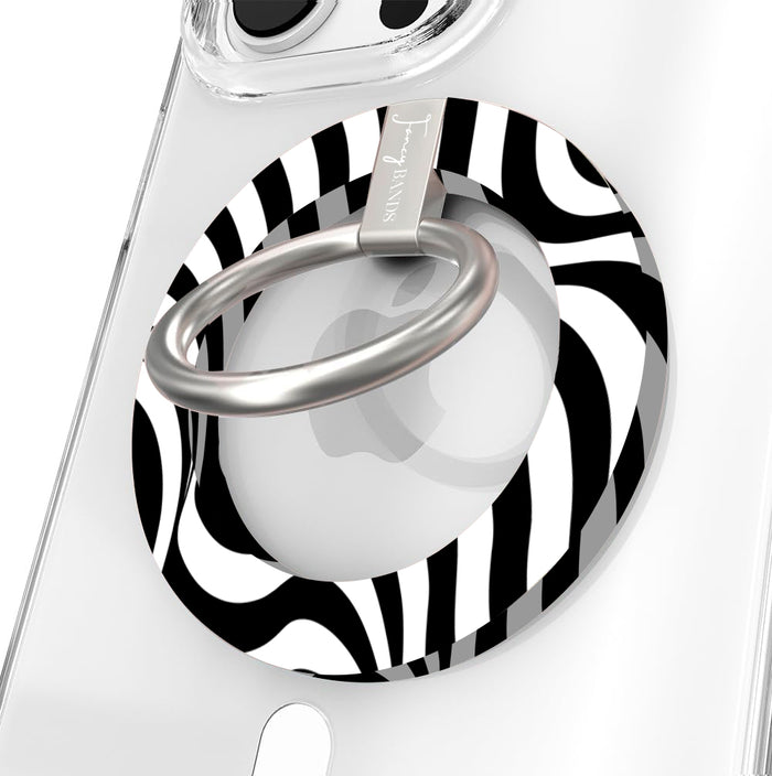 Fifth Ave. Flow monochromatic fluid wave pattern MagSafe phone grip ring with black and white swirling design compatible with iPhone and Samsung