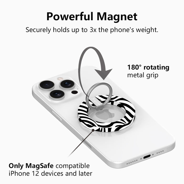 Fifth Ave. Flow monochromatic fluid wave pattern MagSafe phone grip ring with black and white swirling design compatible with iPhone and Samsung