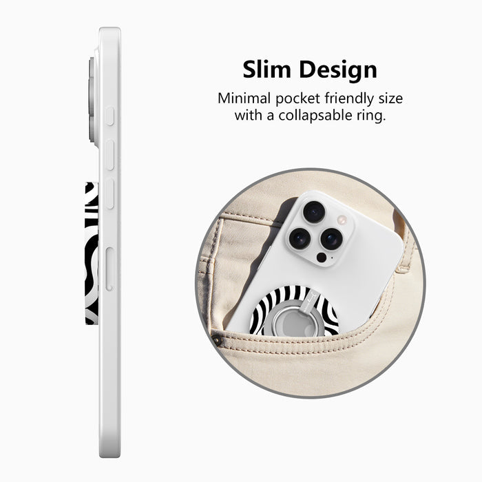 Fifth Ave. Flow monochromatic fluid wave pattern MagSafe phone grip ring with black and white swirling design compatible with iPhone and Samsung