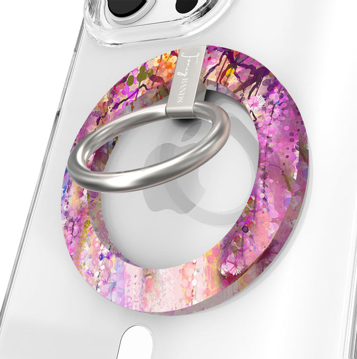 Floral Daydream ethereal purple and pink watercolor petal pattern MagSafe phone grip ring compatible with iPhone and Samsung