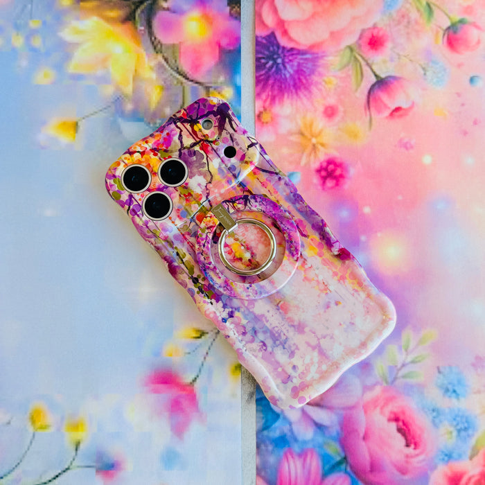 Floral Daydream ethereal purple and pink watercolor petal pattern MagSafe phone grip ring compatible with iPhone and Samsung